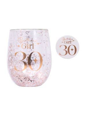Celebration 30th Glitter Stemless Glass & Badge Set