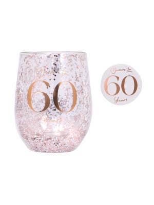 Celebration 60th Glitter Stemless Glass & Badge Set